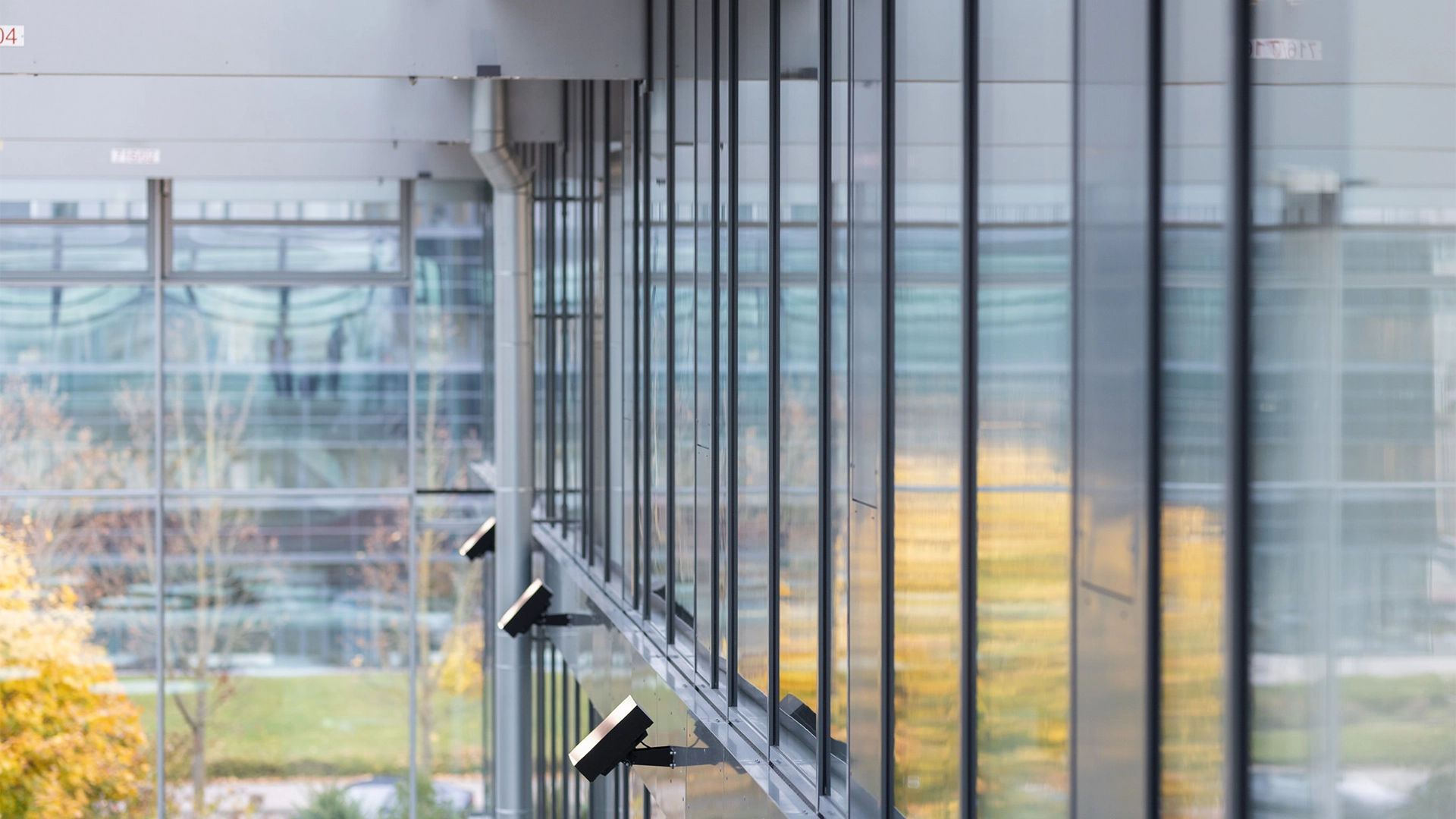 Exterior view of a building with a glass façade